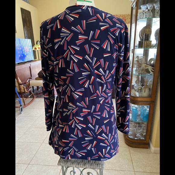 Ann Klein Blouse Navy with Design Fitted Tied - Picture 2 of 6